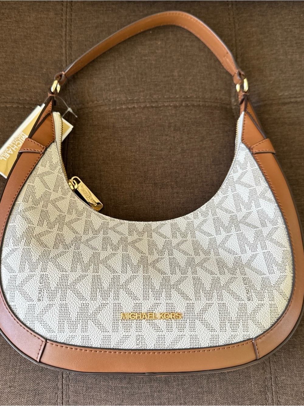 Michael Kors White Logo and Tan Leather Shoulder Hobo